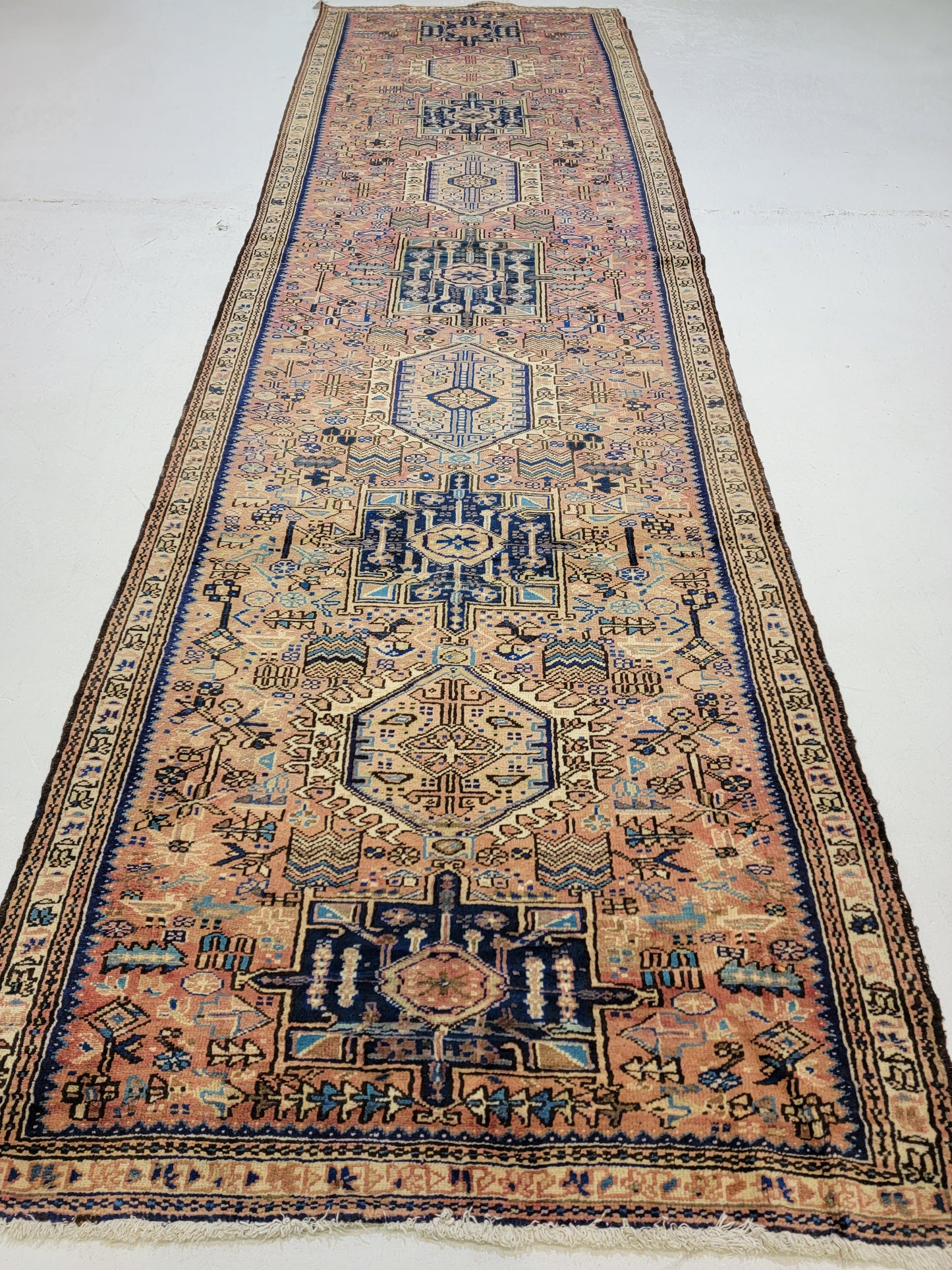 Antique Hand-Knotted Wool Runner Heriz Karajeh 3'10" x 13'3"