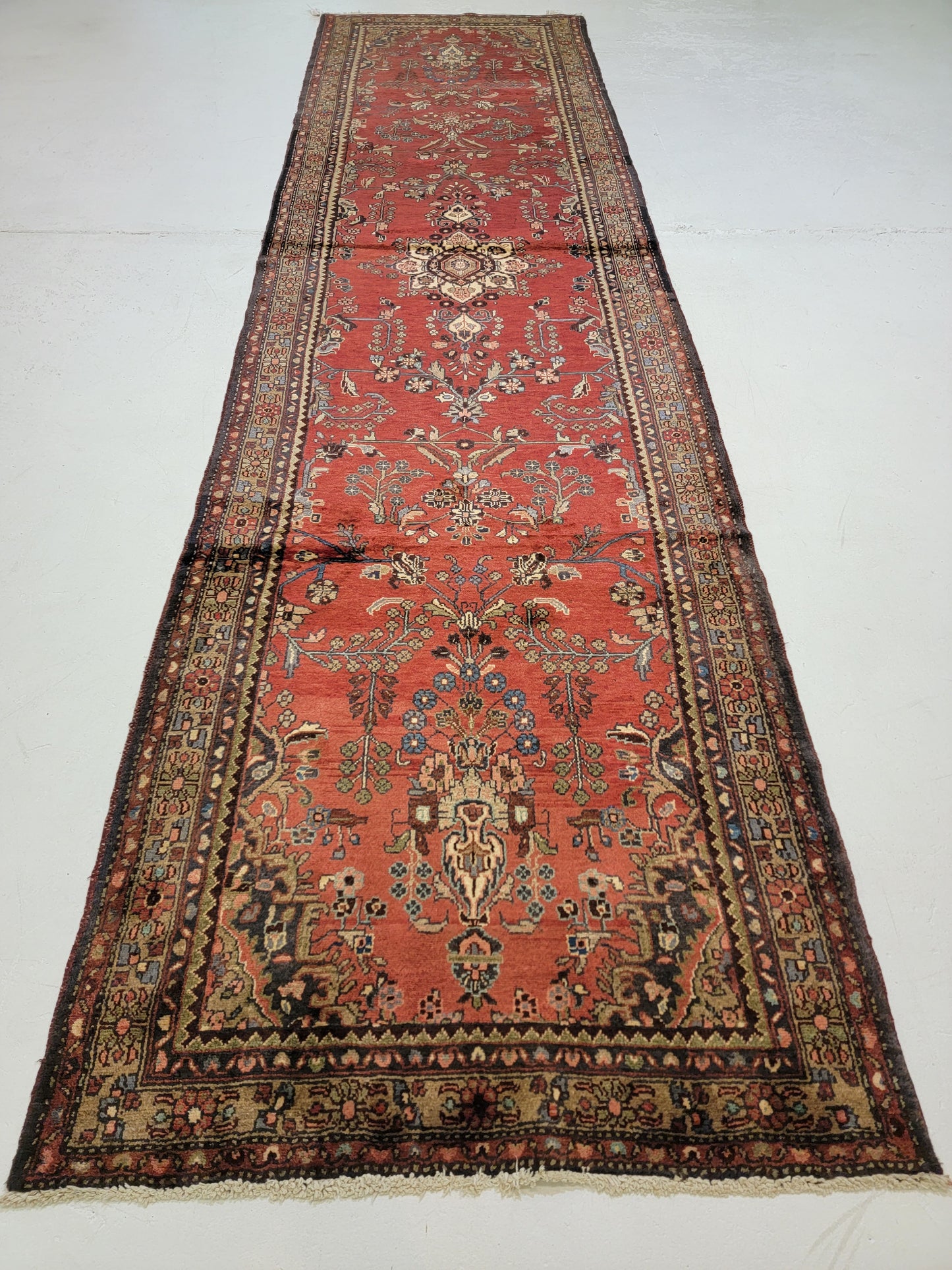 Antique Hand-Knotted Wool Runner Hamedan 3'8" x 14'3"