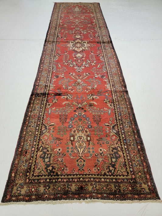 Antique Hand-Knotted Wool Runner Hamedan 3'8" x 14'3"
