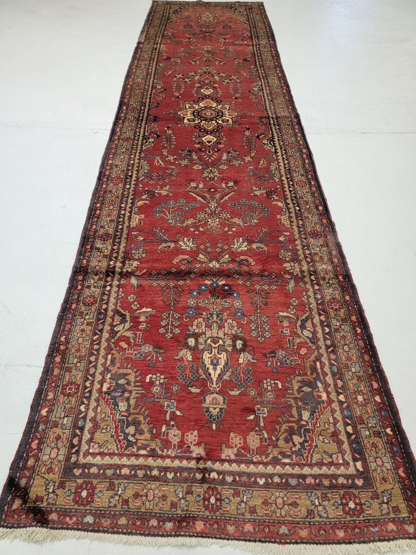 Antique Hand-Knotted Wool Runner Hamedan 3'8" x 14'3"