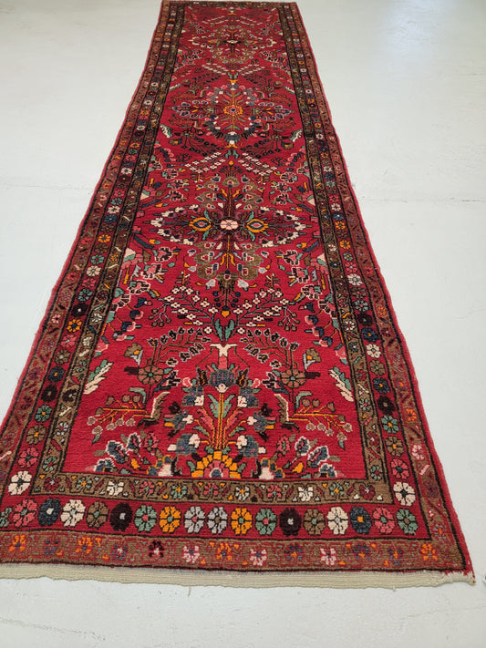 Antique Hand-Knotted Wool Runner Hamedan Rudbar 3'6" x 13'8"