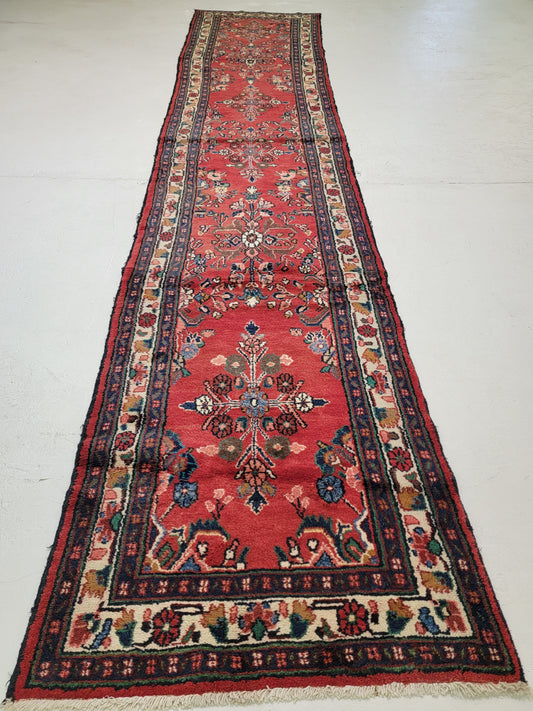 Antique Hand-Knotted Wool Runner Hamedan 3'6" x 16'7"