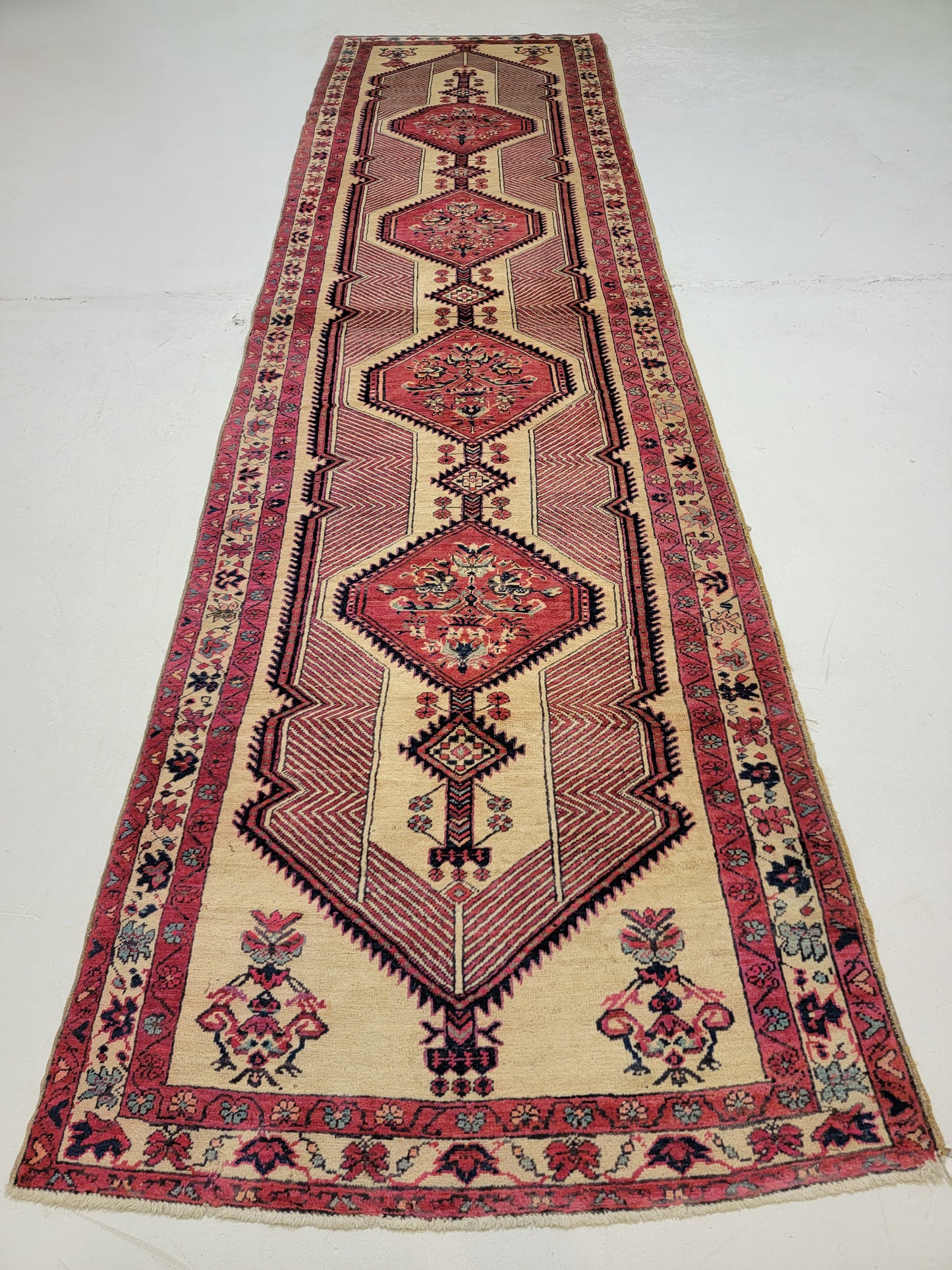 Antique Hand-Knotted Wool Runner Sarab Camel Hair 3'6" x 12'11"