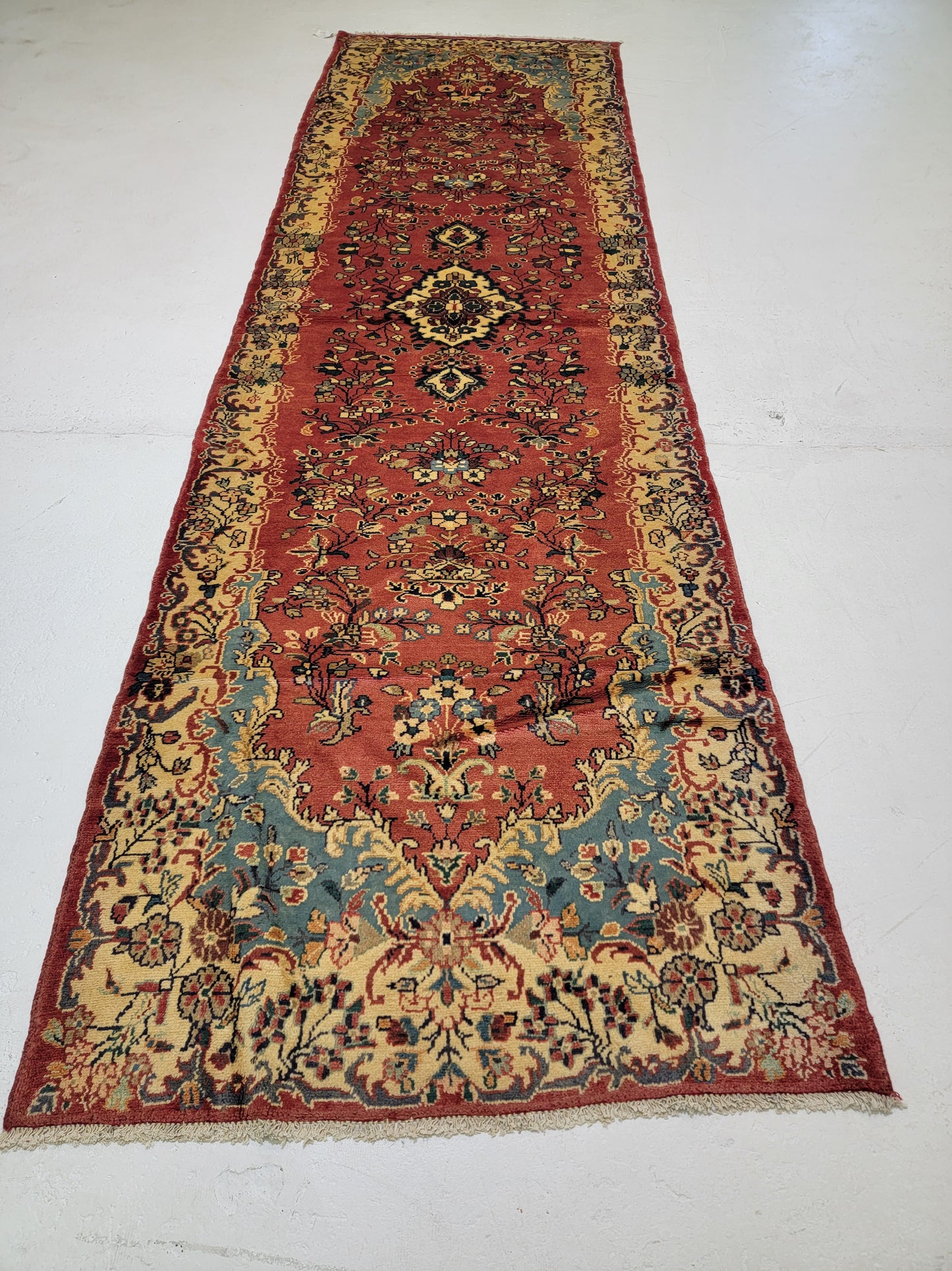 Antique Hand-Knotted Wool Runner Arak 3'10" x 13'