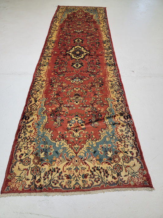 Antique Hand-Knotted Wool Runner Arak 3'10" x 13'