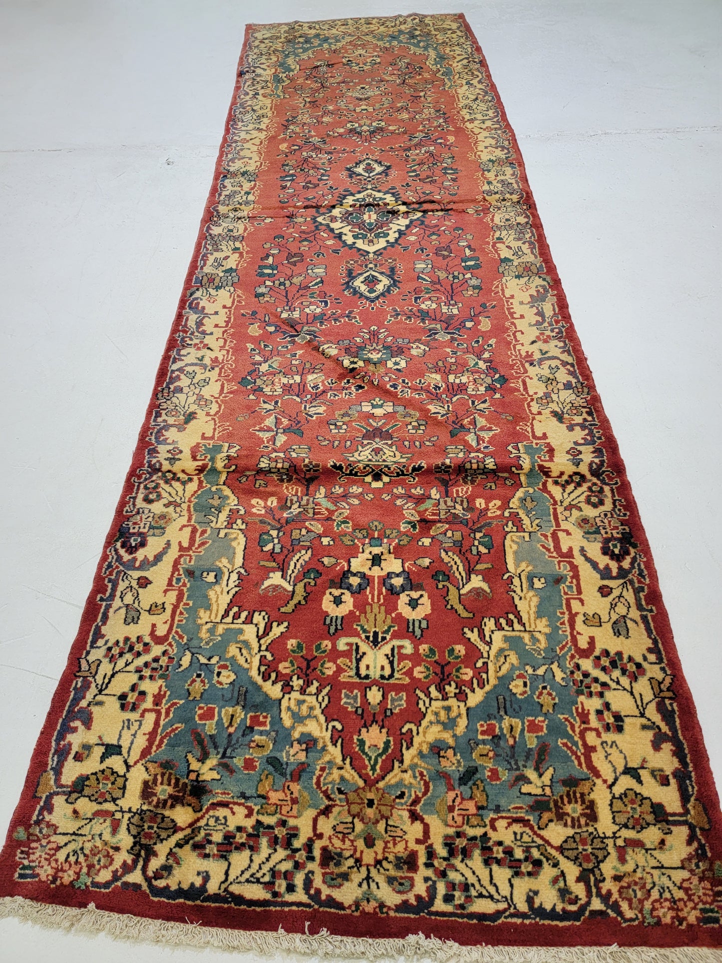 Antique Hand-Knotted Wool Runner Arak 3'10" x 13'