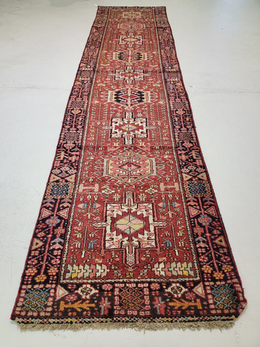 Antique Hand-Knotted Wool Runner Heriz Karajeh 3'8" x 15'