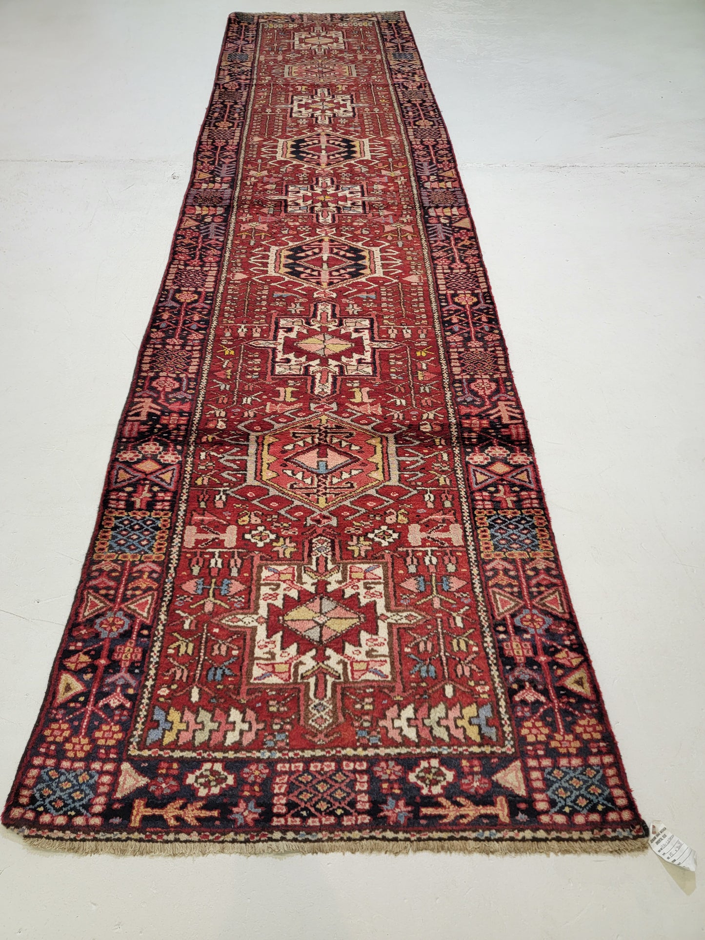 Antique Hand-Knotted Wool Runner Heriz Karajeh 3'8" x 15'