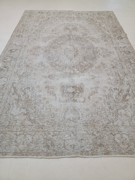 Antique Hand-Knotted Wool Area Rug Tabriz White Washed Distressed 6'8" x 9'2"