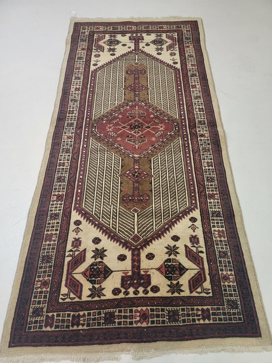 Antique Hand-Knotted Wool Gallery Size Sarab 3'3" x 7'7"