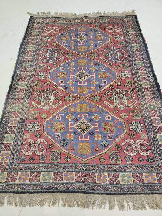 Antique Hand-Knotted Wool Area Rug Kazak 4'7" x 6'7"