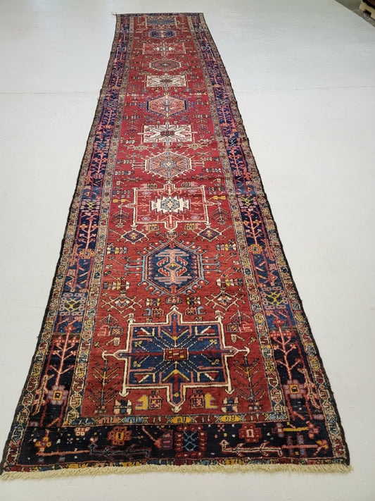 Antique Hand-Knotted Wool Runner Heriz Karajeh 3'6" x 16'6"
