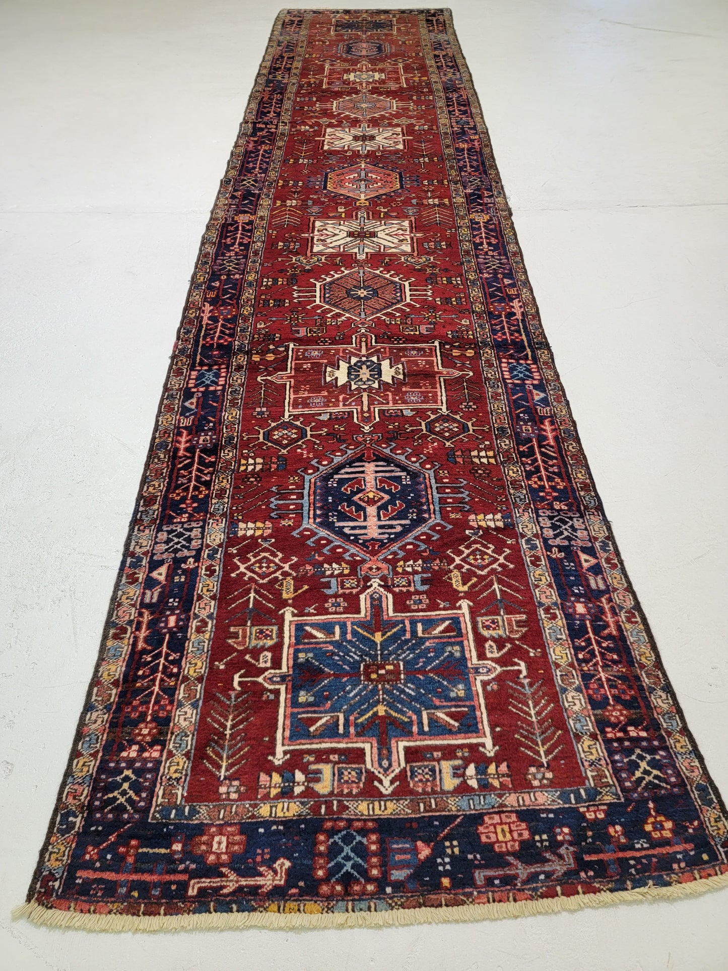 Antique Hand-Knotted Wool Runner Heriz Karajeh 3'6" x 16'6"