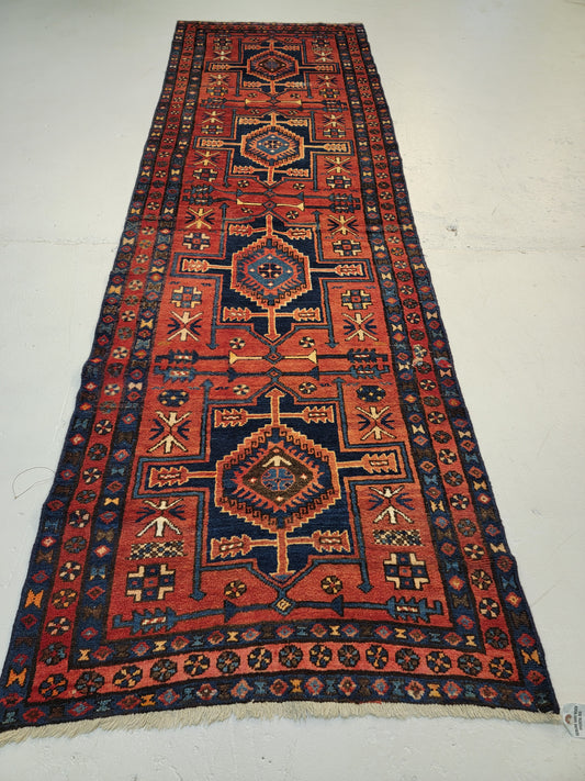 Antique Hand-Knotted Wool Runner Heriz 3'2" x 10'4"