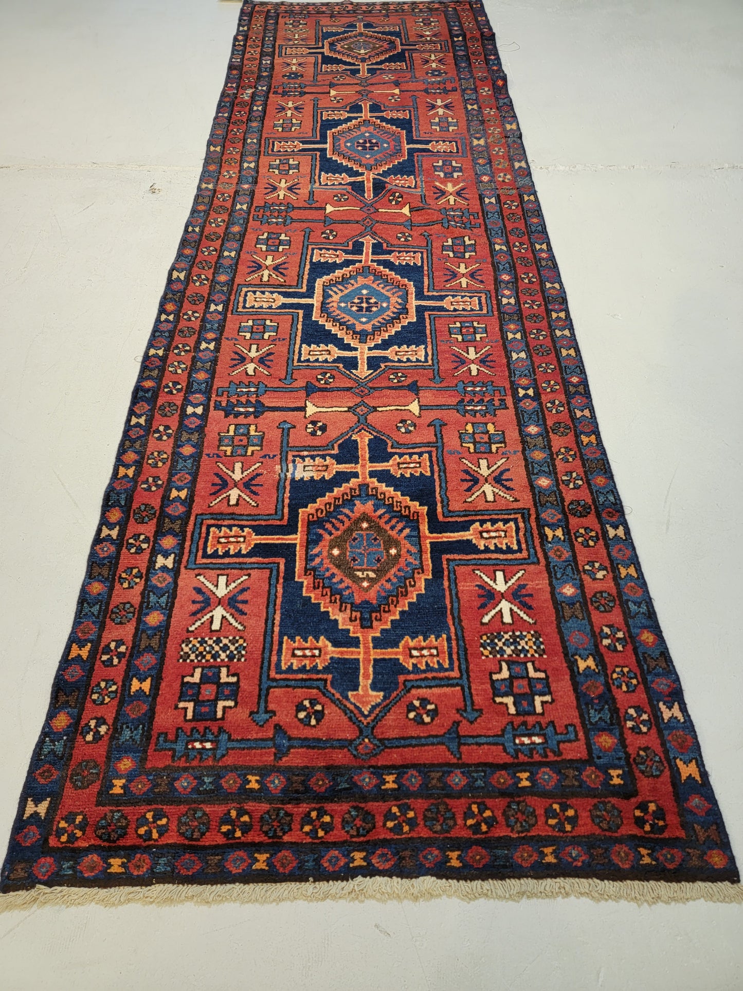 Antique Hand-Knotted Wool Runner Heriz 3'2" x 10'4"
