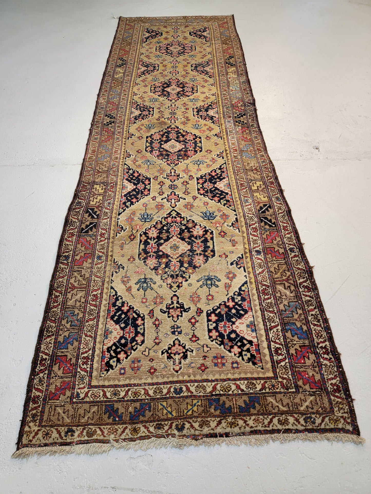 Antique Hand-Knotted Wool Runner Kurdish Serapi 3'6" x 12'