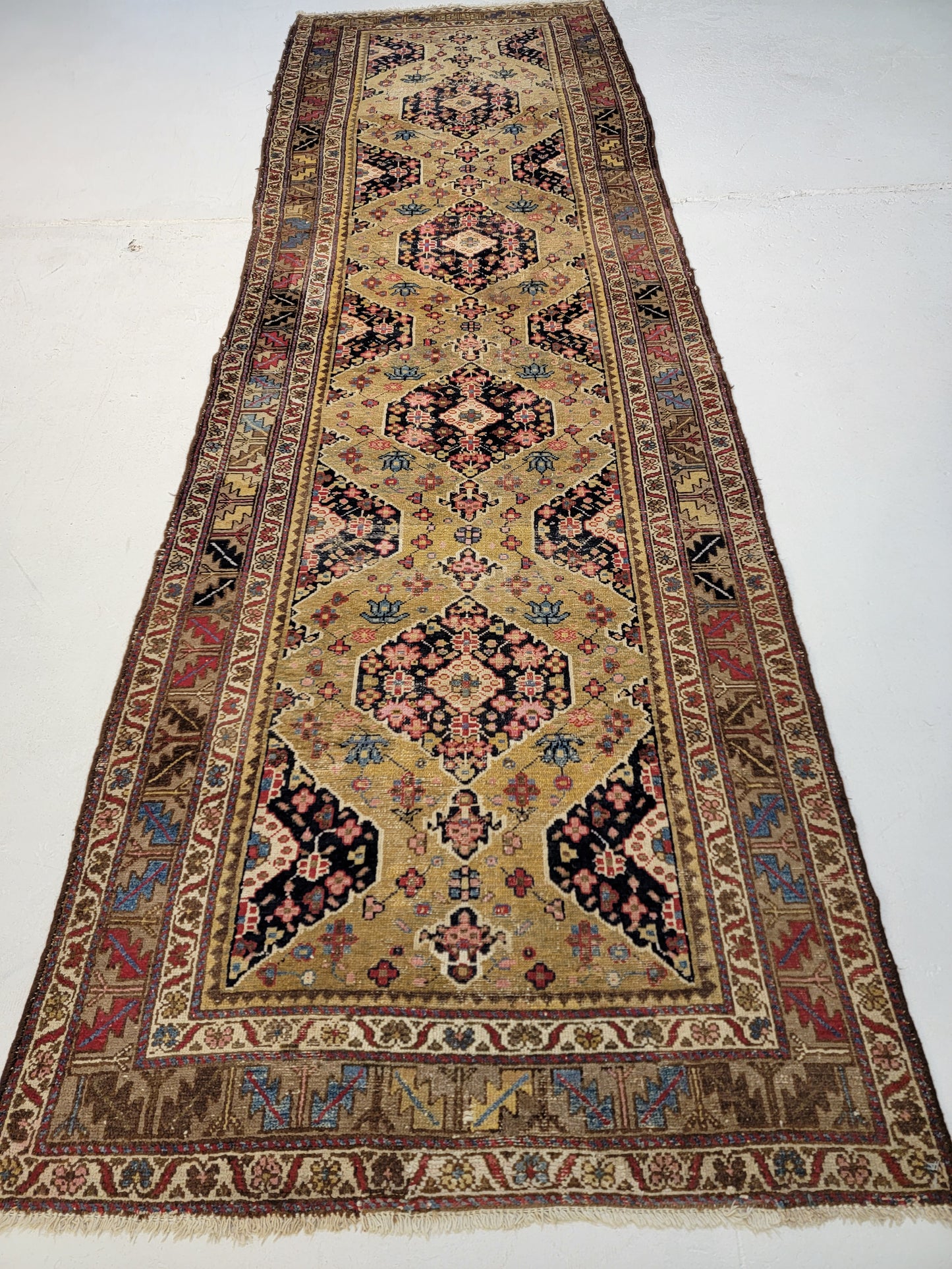 Antique Hand-Knotted Wool Runner Kurdish Serapi 3'6" x 12'