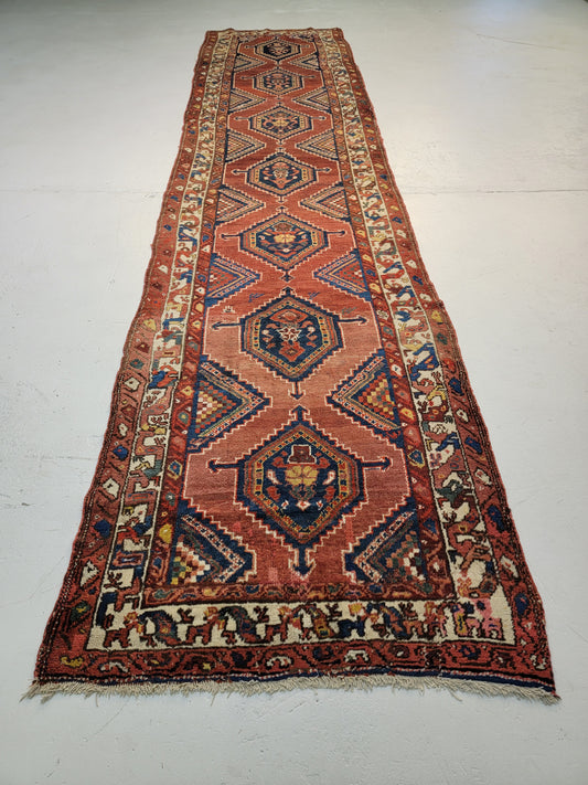 Antique Hand-Knotted Wool Runner Kurdish 3'6" x 15'4"