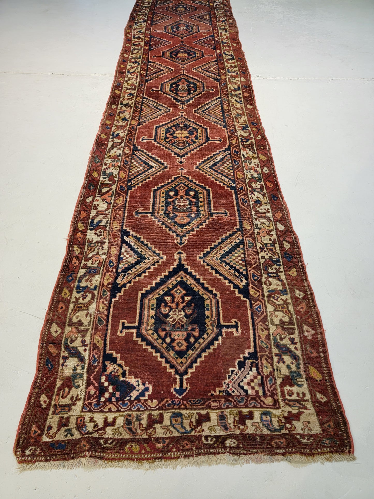 Antique Hand-Knotted Wool Runner Kurdish 3'6" x 15'4"