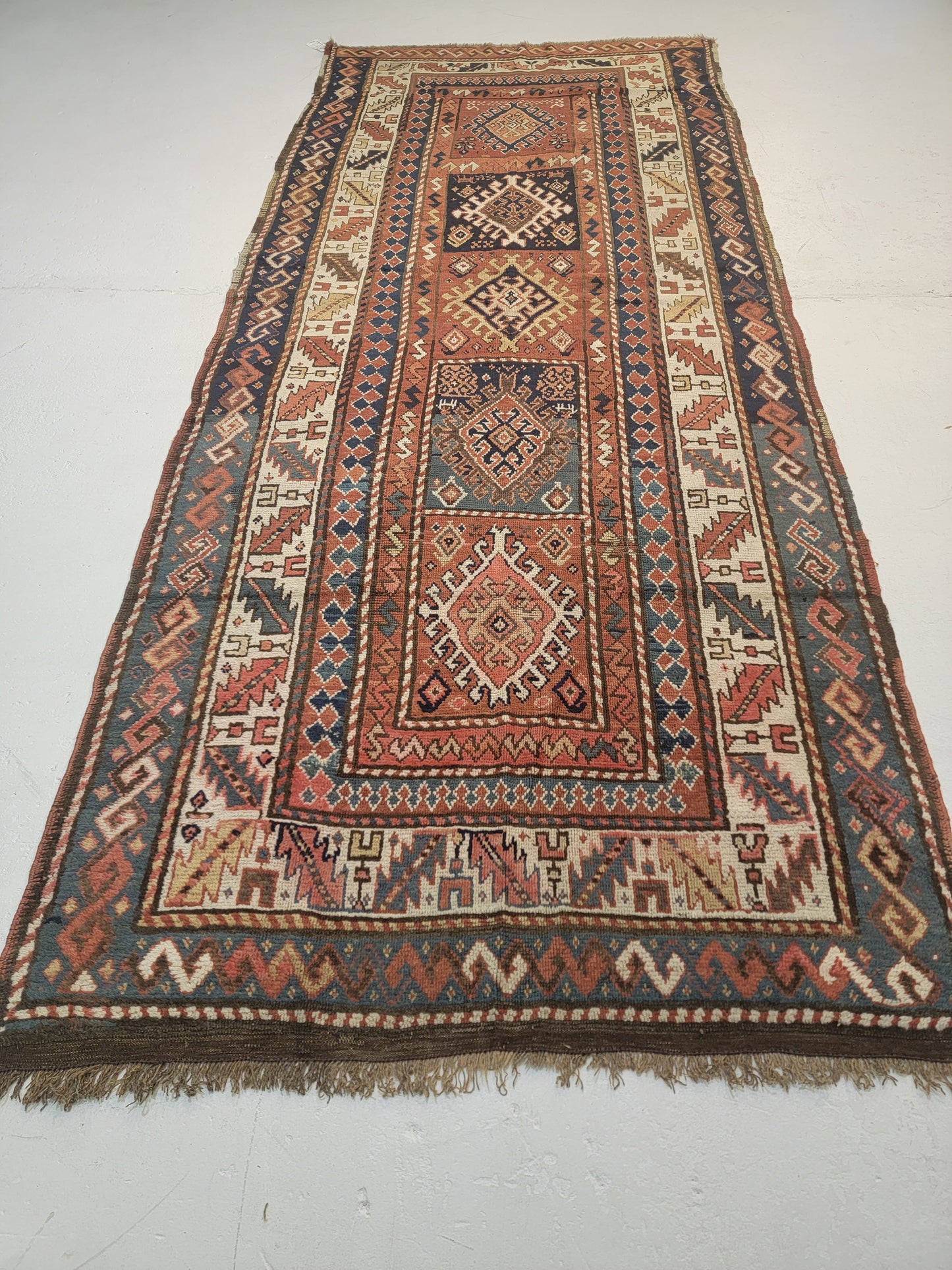 Antique Hand-Knotted Wool Runner Kazak 4'3" x 10'