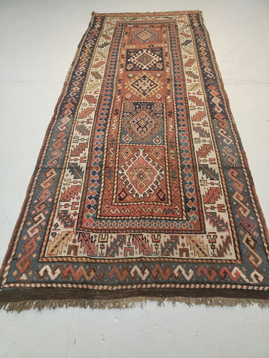 Antique Hand-Knotted Wool Runner Kazak 4'3" x 10'