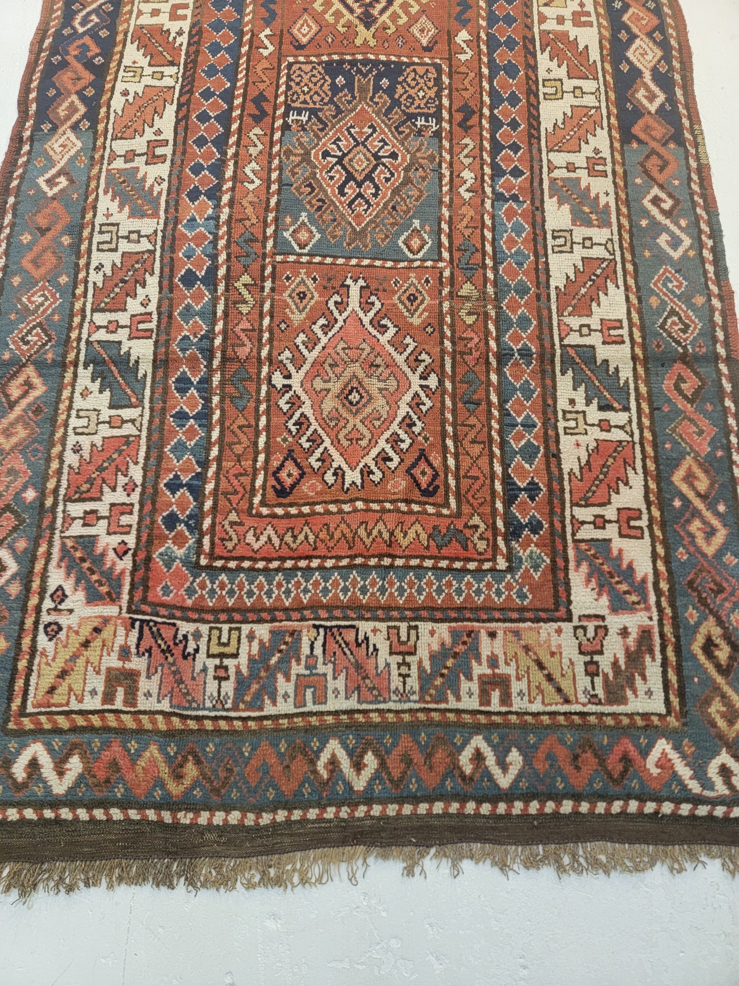 Antique Hand-Knotted Wool Runner Kazak 4'3" x 10'