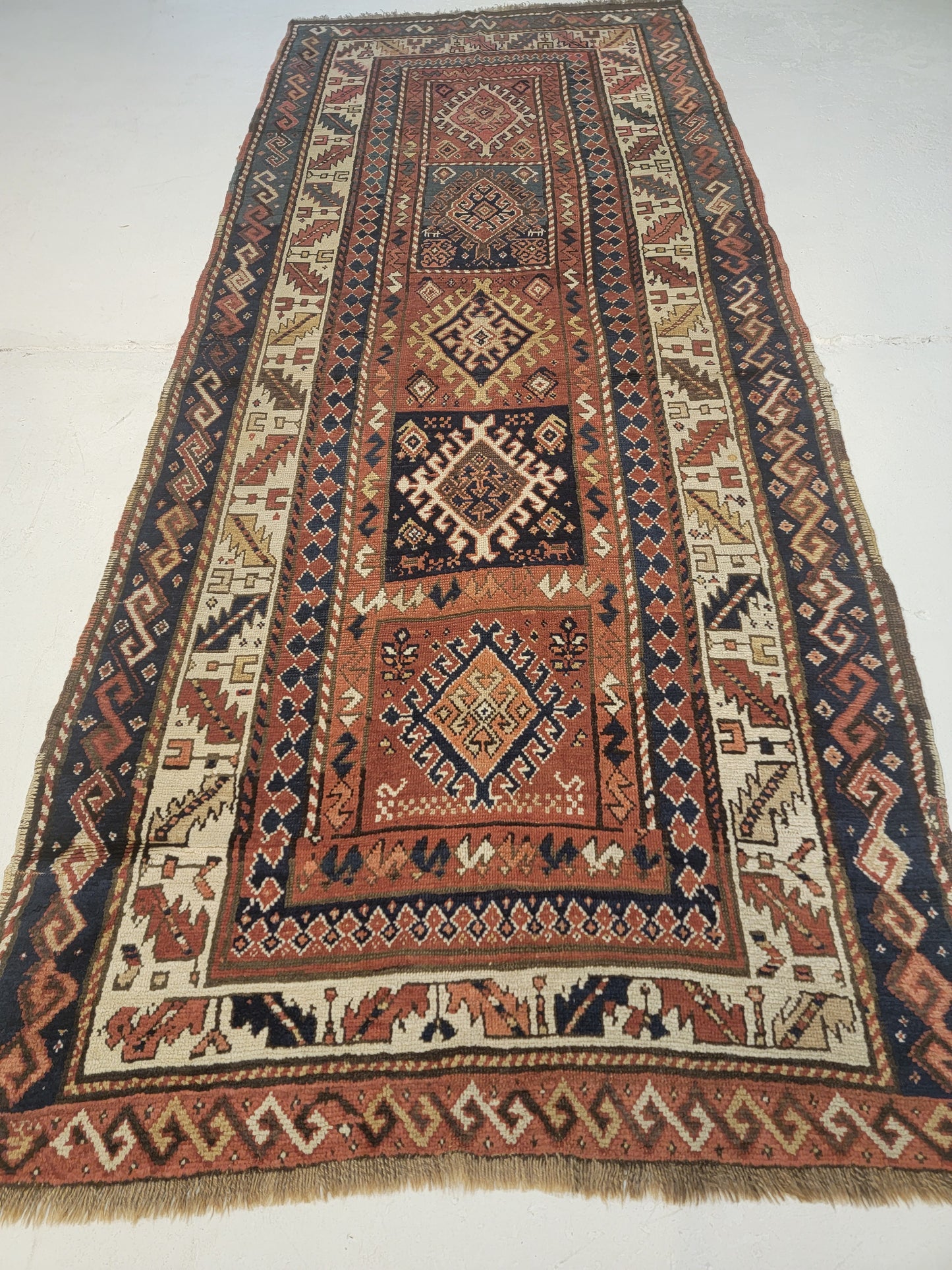 Antique Hand-Knotted Wool Runner Kazak 4'3" x 10'