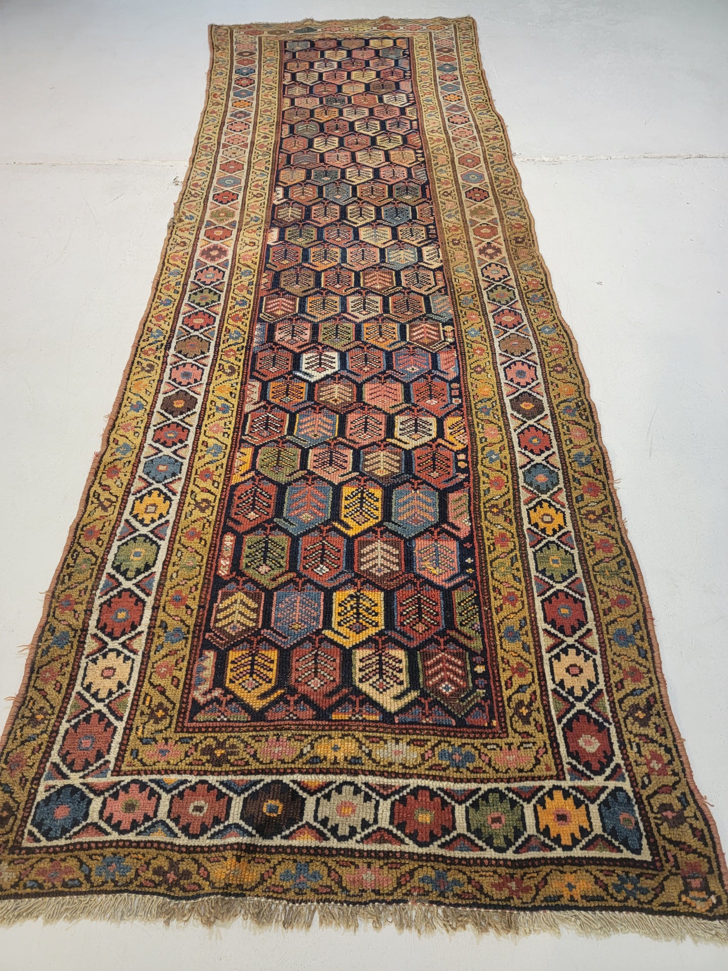 Antique Hand-Knotted Wool Runner Caucasian 3'6" x 10'11"