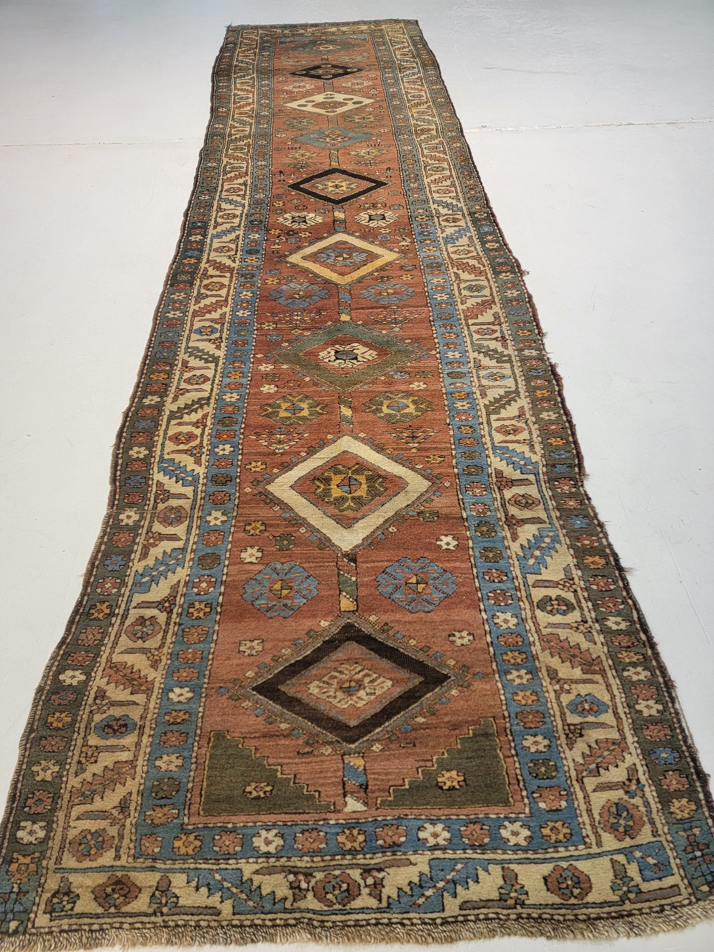 Antique Hand-Knotted Wool Runner Serapi 3'6" x 13'11"