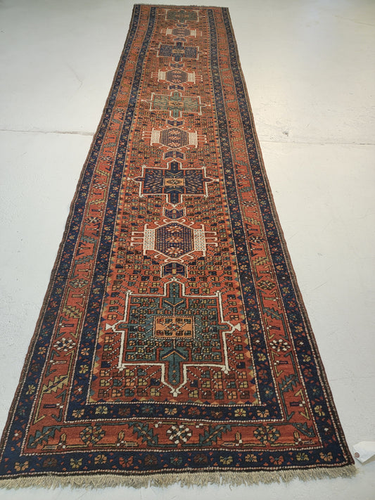 Antique Hand-Knotted Wool Runner Heriz Serapi 3'4" x 14'4"
