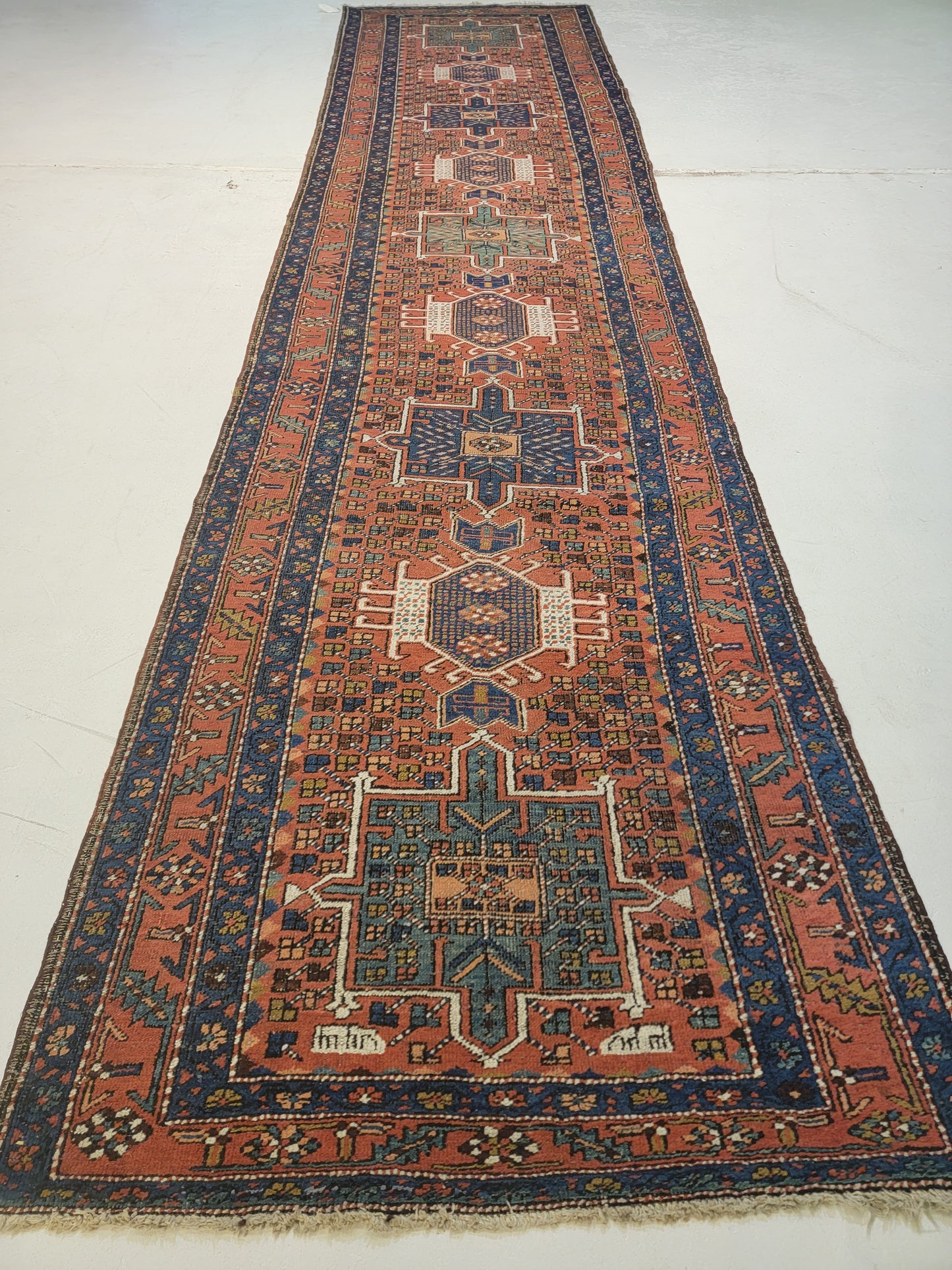 Antique Hand-Knotted Wool Runner Heriz Serapi 3'4" x 14'4"