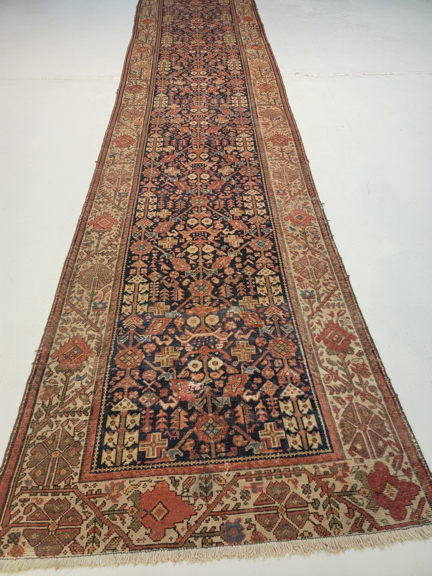 Antique Hand-Knotted Wool Runner Malayer 3'6" x 15'6"