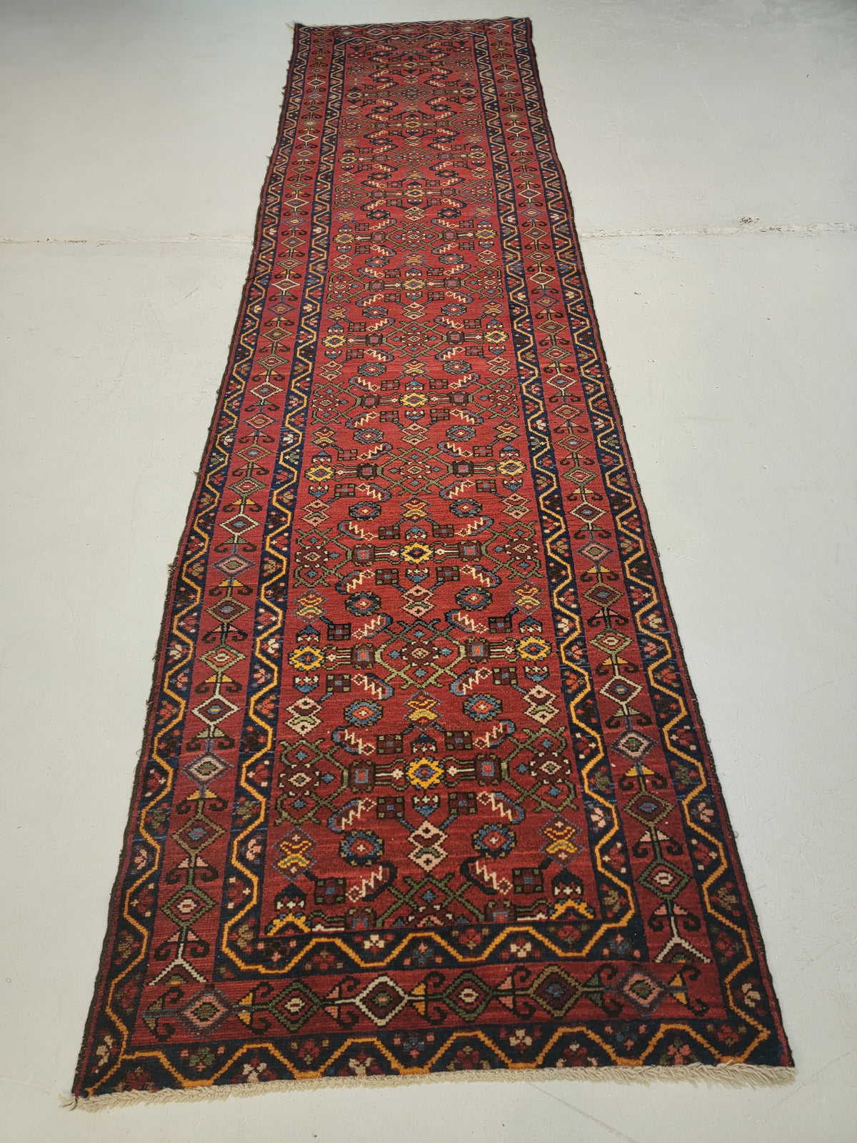 Antique Hand-Knotted Wool Runner Hamedan Herati 2'5" x 9'8"
