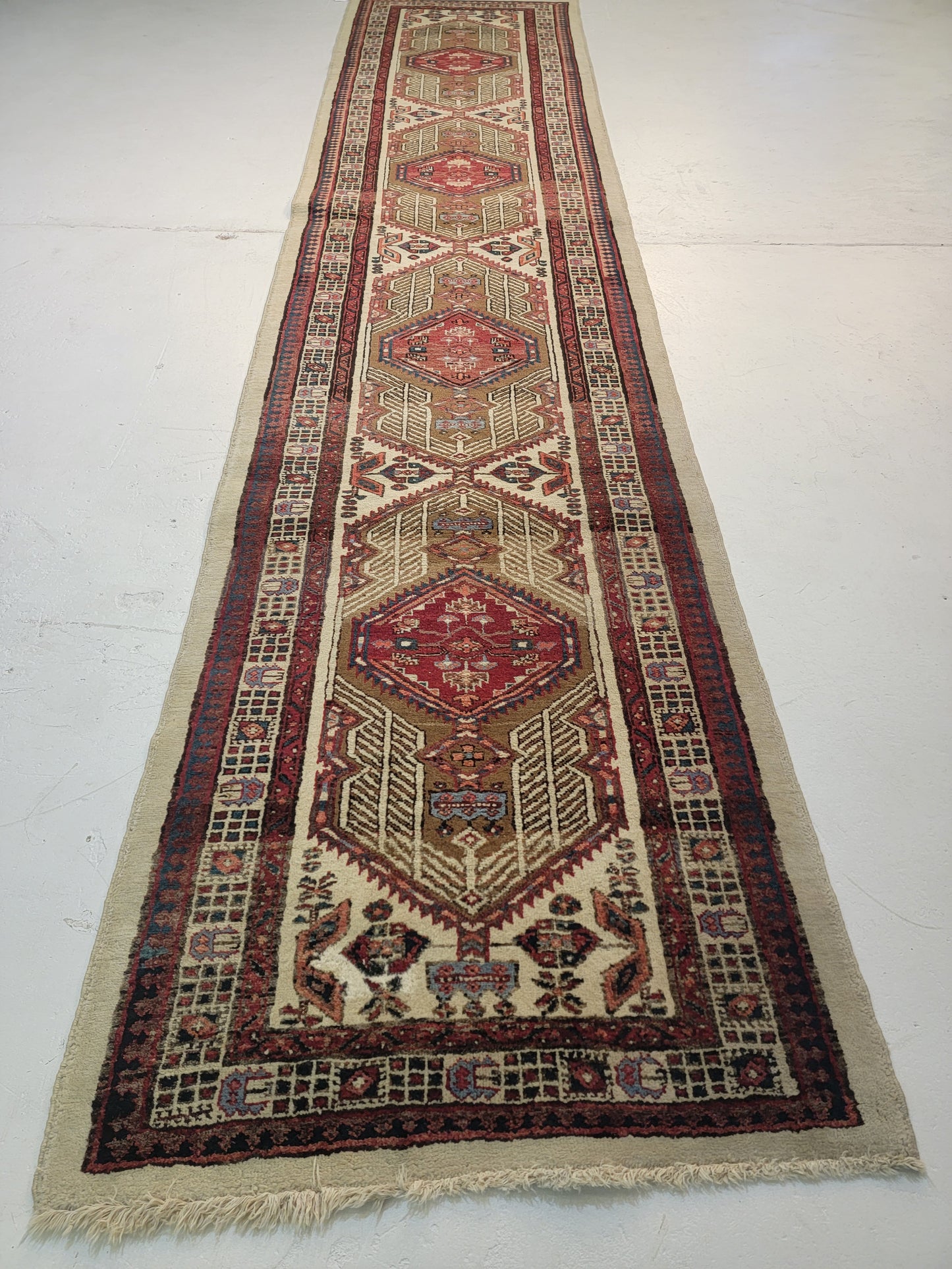 Antique Hand-Knotted Wool Runner Sarab Serapi 3'4" x 15'3"
