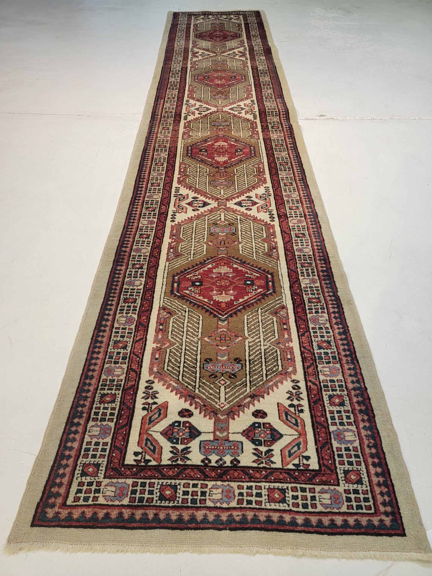 Antique Hand-Knotted Wool Runner Sarab Serapi 3'4" x 15'3"