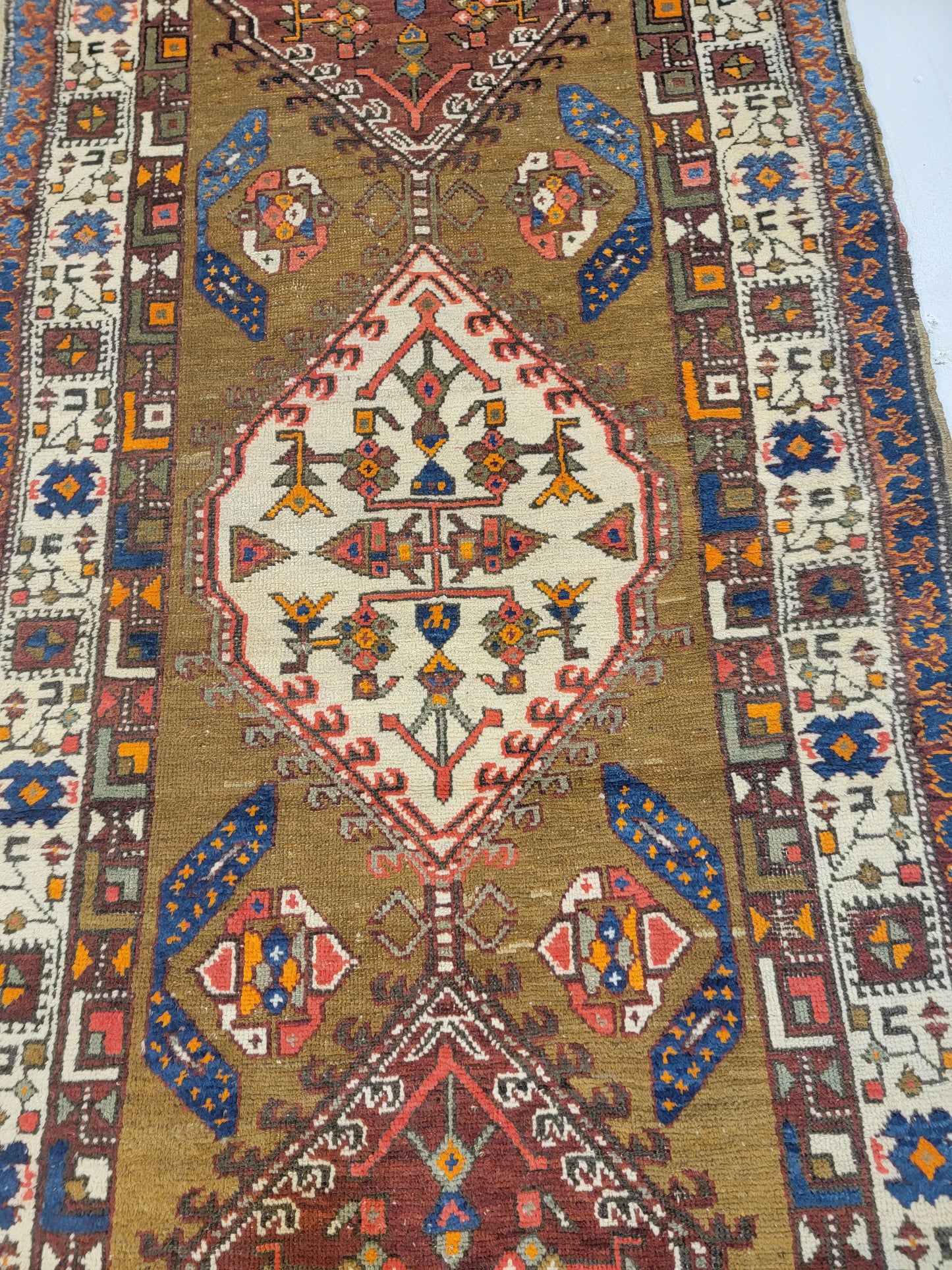 Antique Hand-Knotted Wool Runner Serapi Camel Hair 3'6" x 9'4"