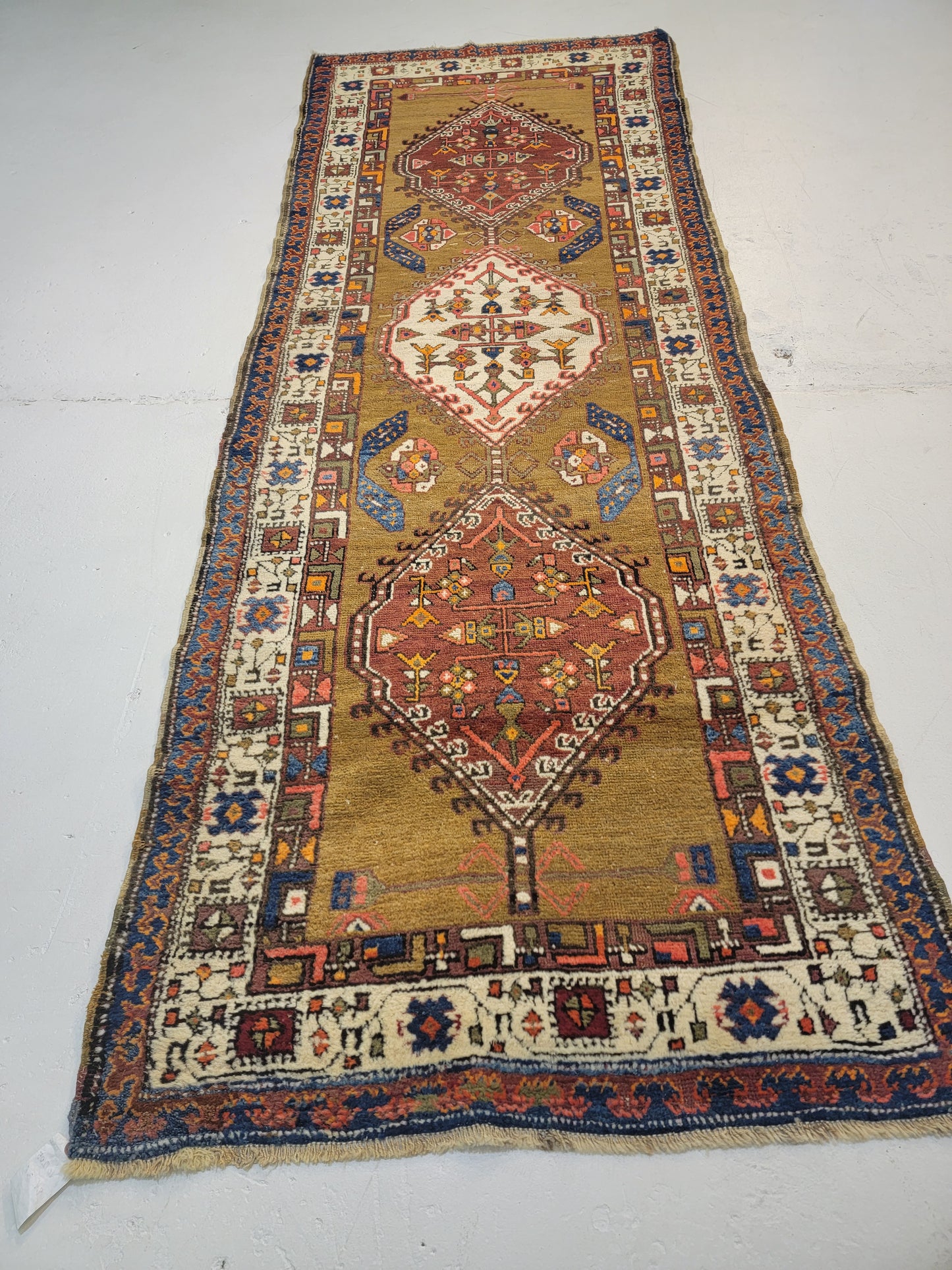 Antique Hand-Knotted Wool Runner Serapi Camel Hair 3'6" x 9'4"