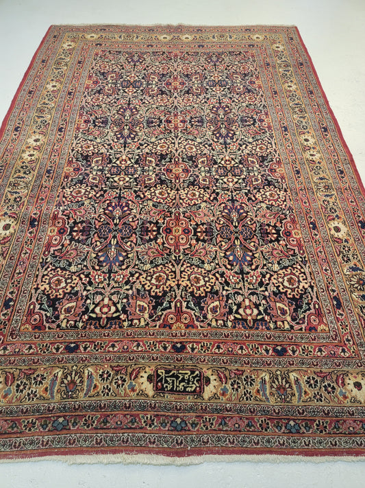 Antique Hand-Knotted Wool Area Rug Signed Mashad Amoo Oghli 5'11" x 8'10"