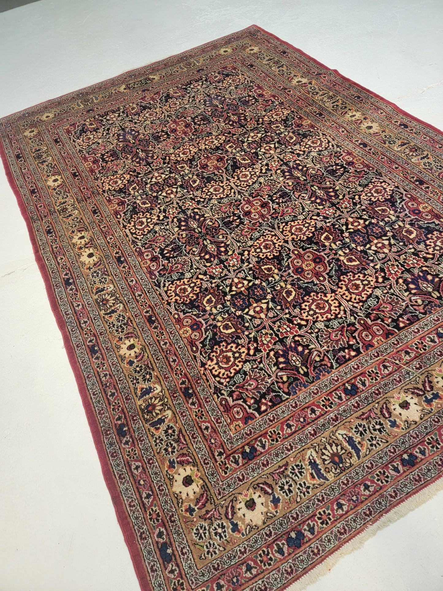 Antique Hand-Knotted Wool Area Rug Signed Mashad Amoo Oghli 5'11" x 8'10"
