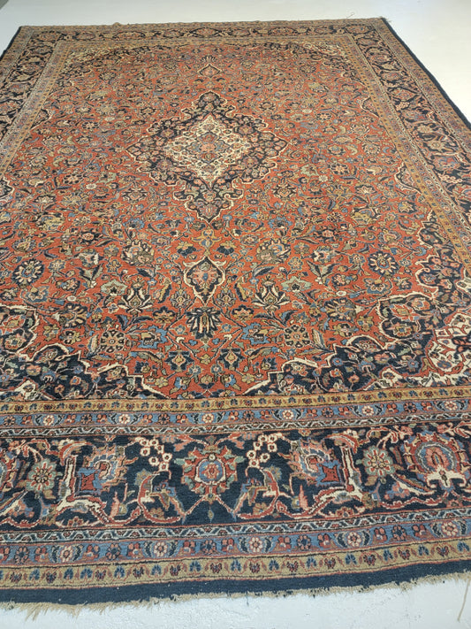 Antique Hand-Knotted Wool Rug Kashan 10'3" x 13'8"