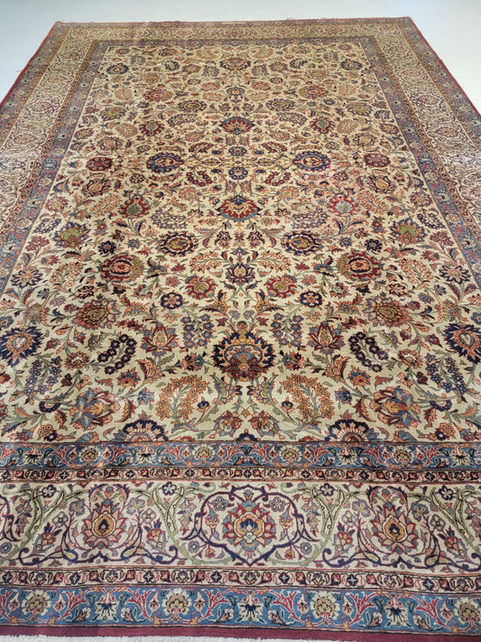 Antique Hand-Knotted Wool Rug Kashan Signed 9' x 13'