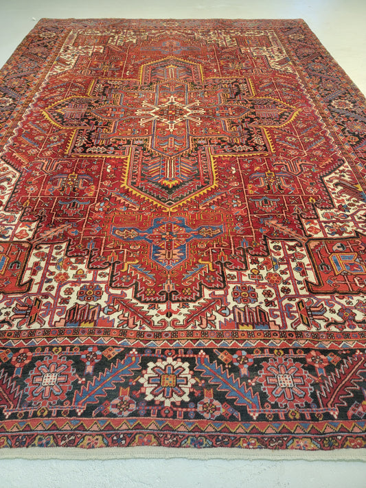 Antique Hand-Knotted Wool Rug Heriz 9'9" x 13'