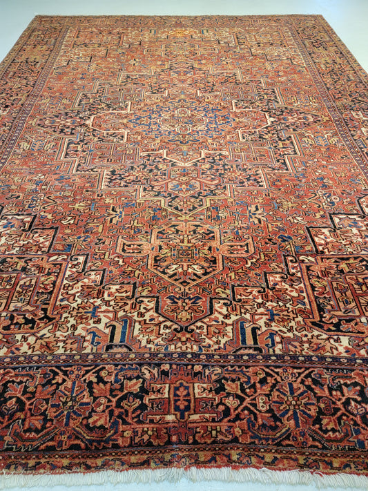Antique Hand-Knotted Wool Rug Heriz 9'6" x 13'2"