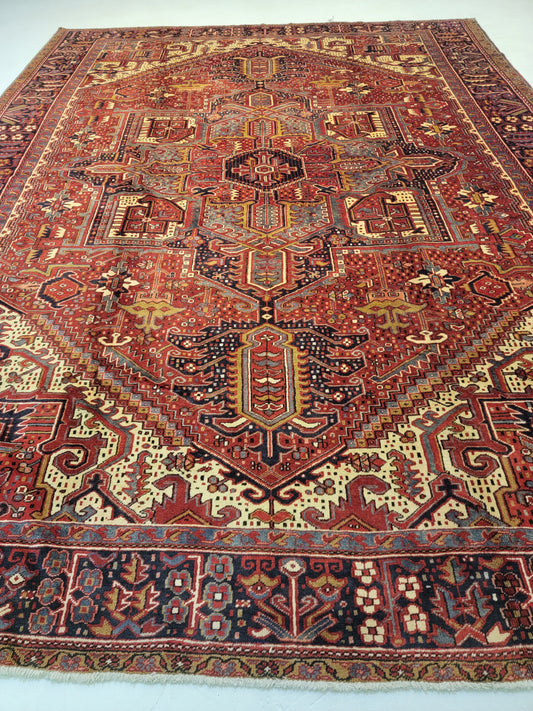 Antique Hand-Knotted Wool Rug Heriz 10'5" x 14'