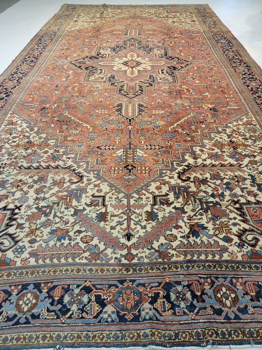 Antique Hand-Knotted Wool Rug Heriz Serapi 9'8" x 18'10"