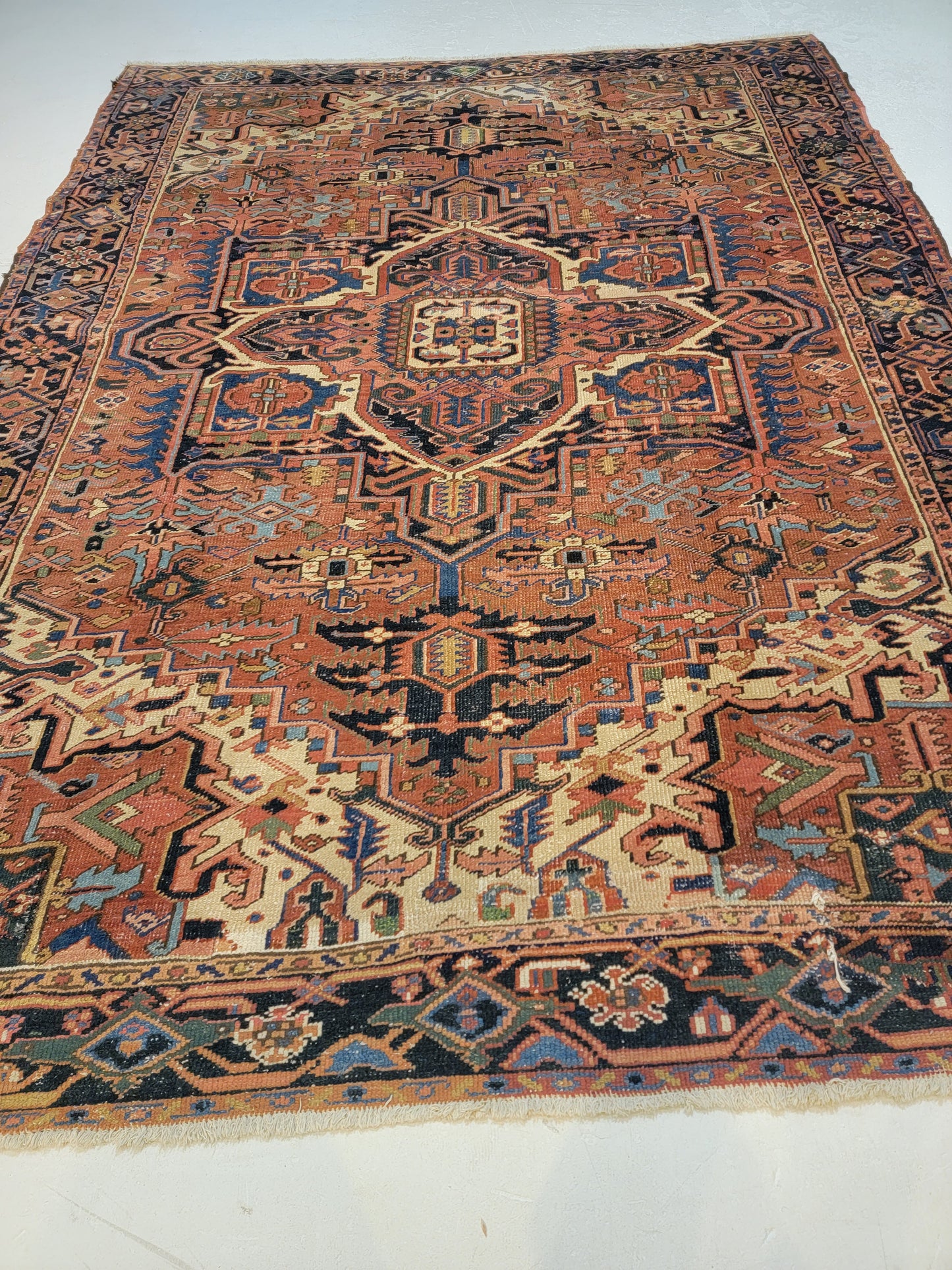 Antique Hand-Knotted Wool Rug Heriz 7'7" x 9'10"