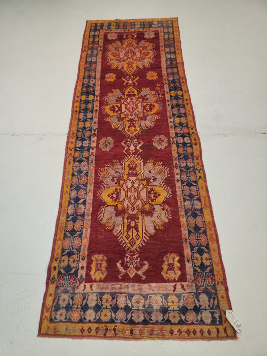 Hand-Knotted Wool Runner Turkish Oushak 3'4" x 8'9"