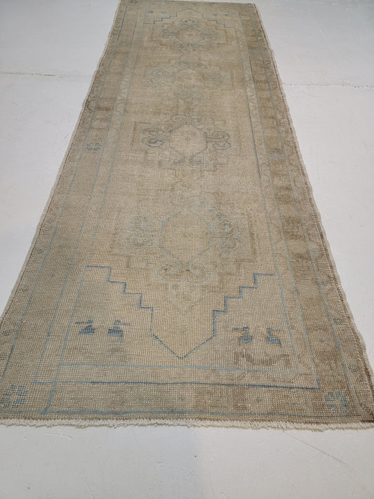 Hand-Knotted Wool Runner Turkish Oushak 3'2" x 9'1"