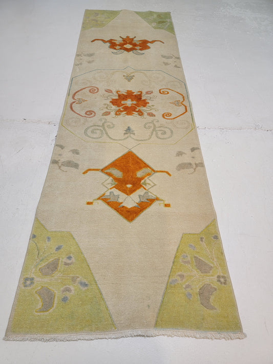 Hand-Knotted Wool Runner Turkish Oushak 2'5" x 8'4"