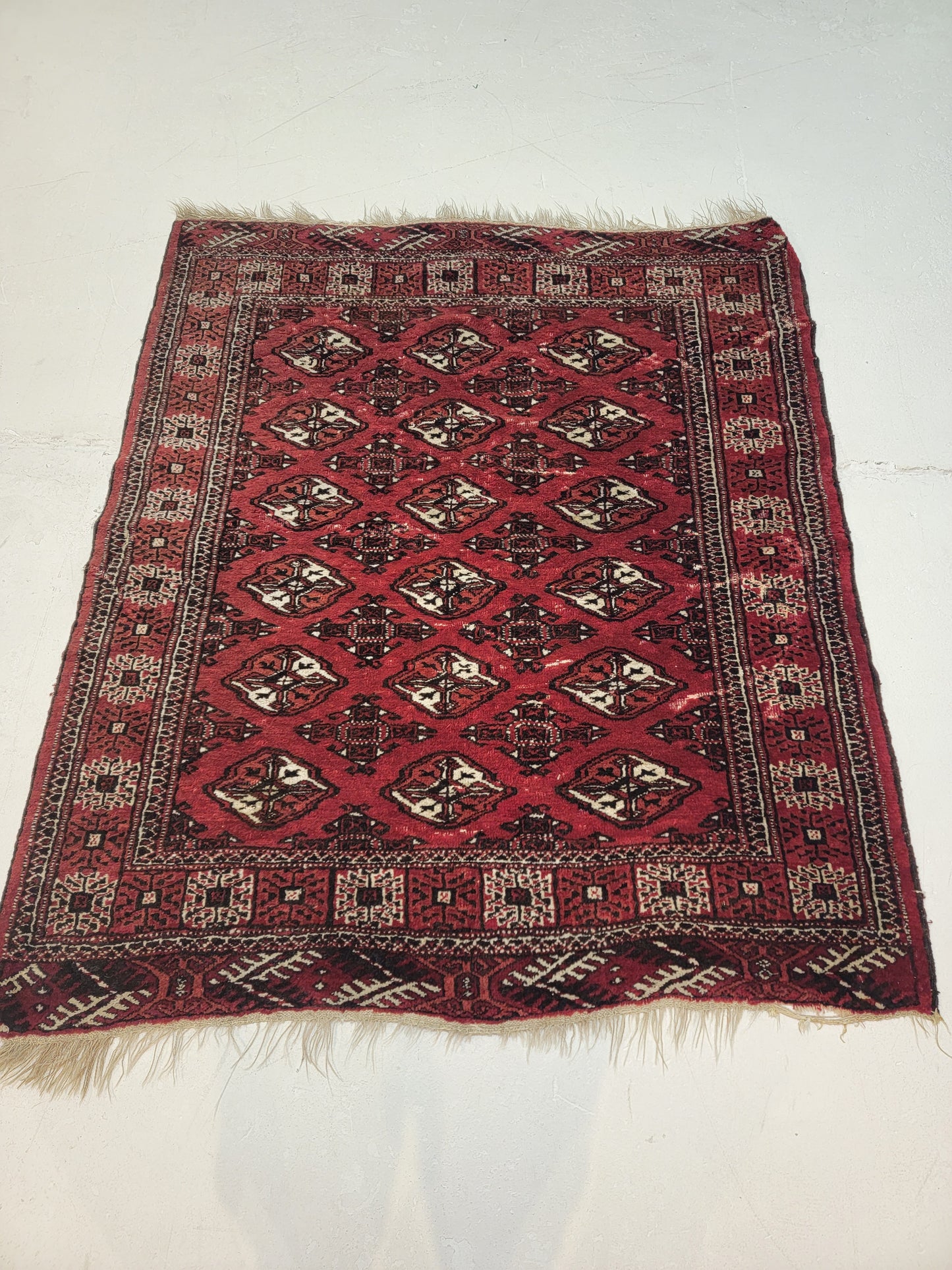Hand-Knotted Wool Area Rug Antique Turkeman 4' x 4'8"